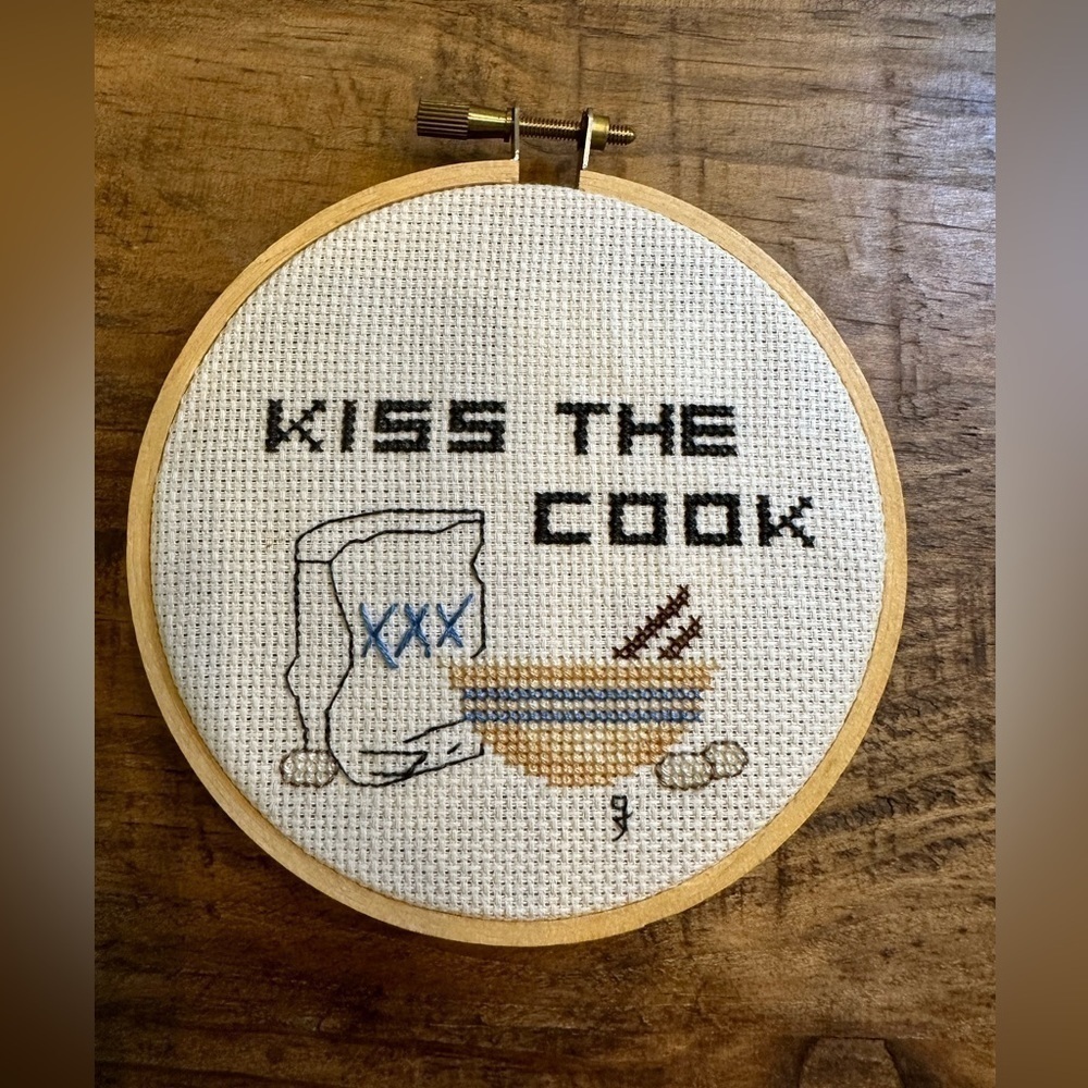 Kiss the Cook Completed Cross stitch embroidery panel ready for hanging NWOT